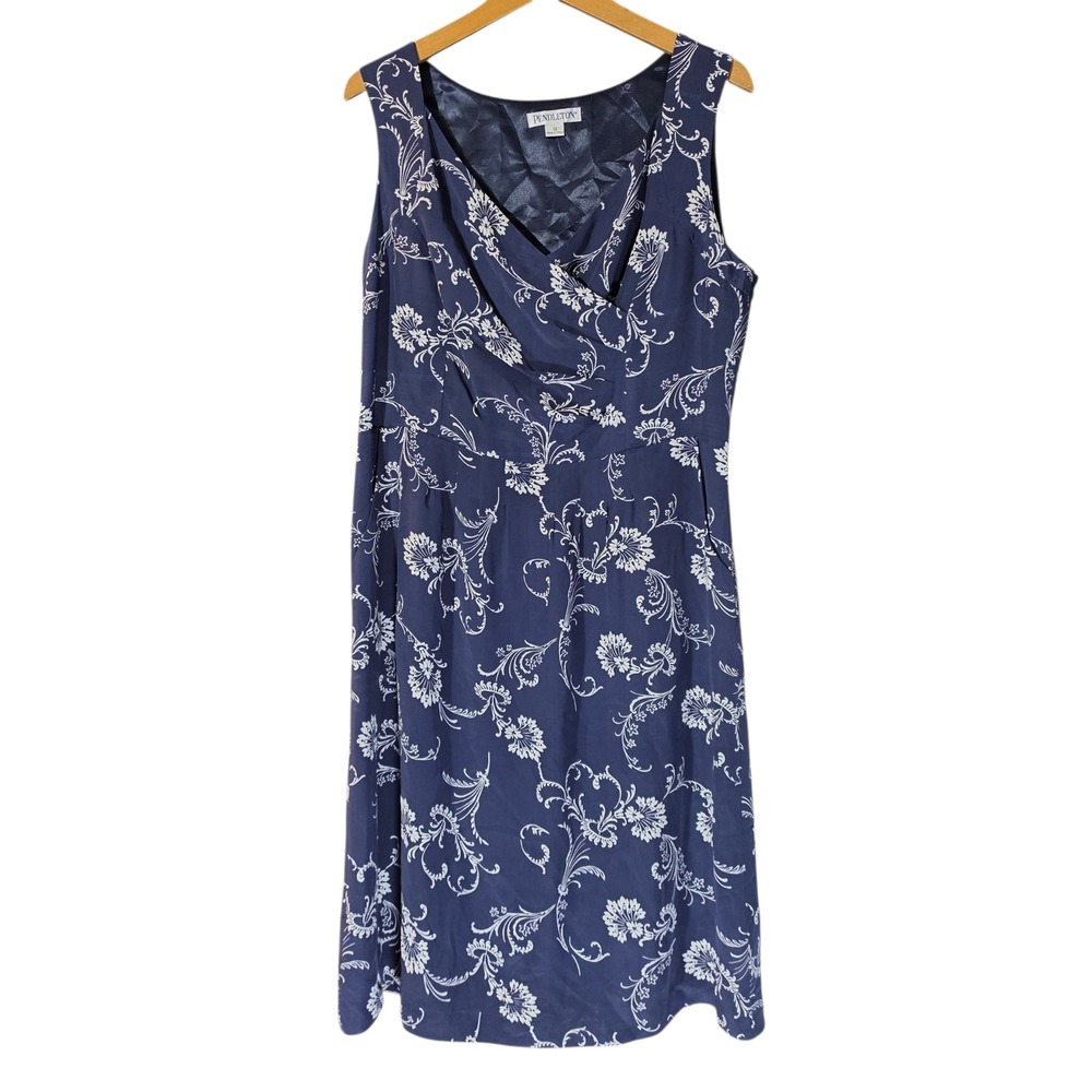 Vtg Pendleton Womens 12 Midi Dress Navy Blue Floral 100% Silk V-Neck Sleeveless